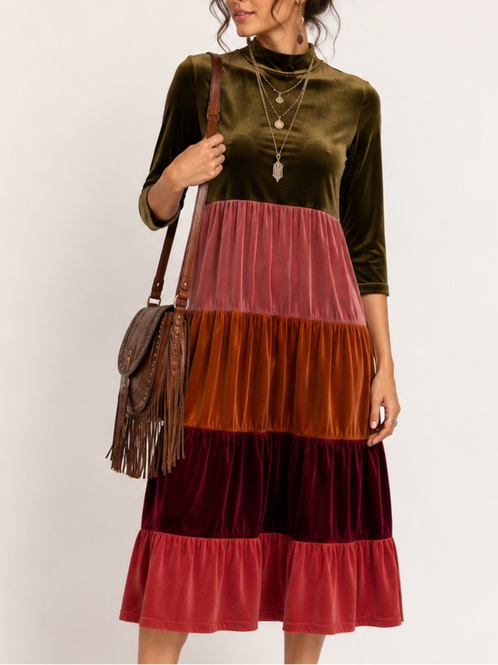 Vada Winter Velvet Tiered Midi Dress Small Boho Cottagecore